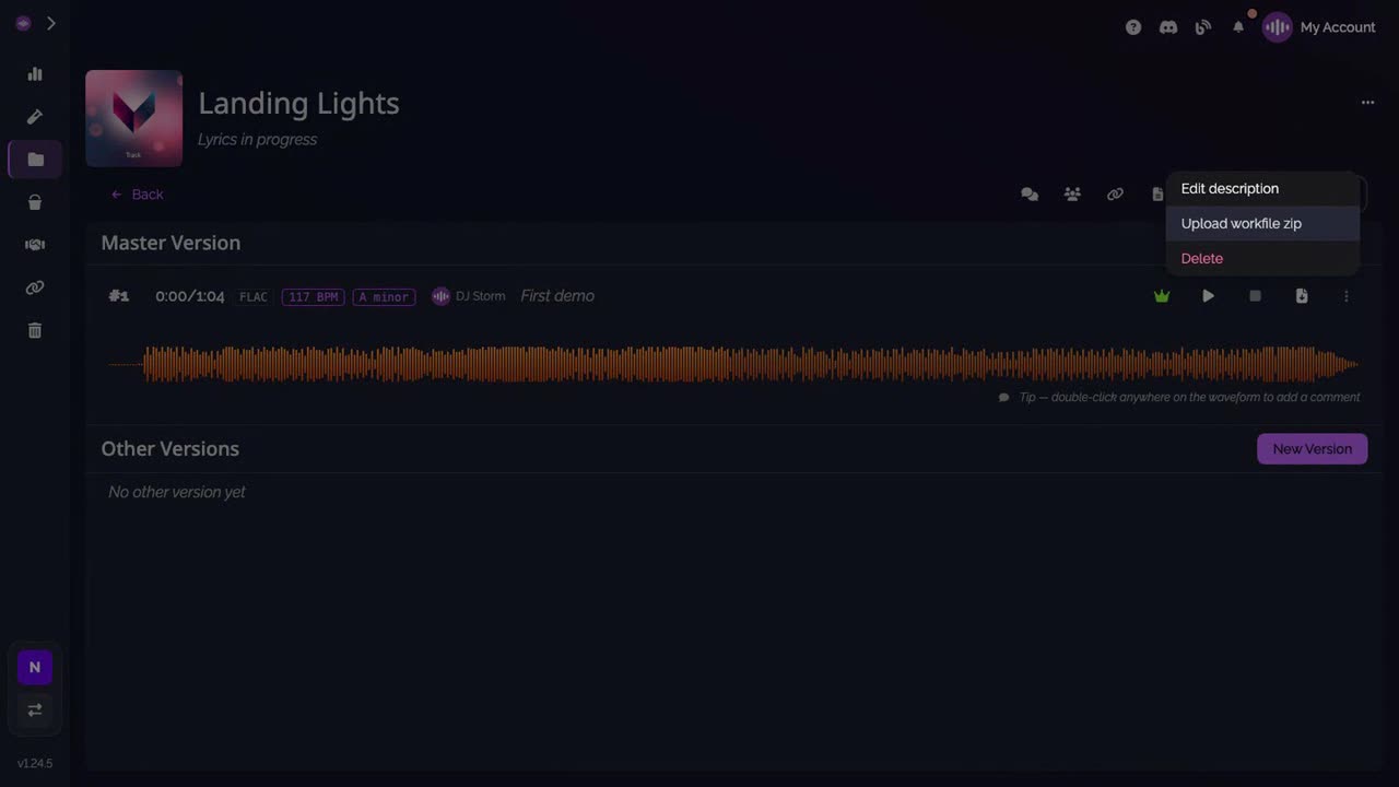 The version's menu: Edit description, Upload workfile zip, Delete