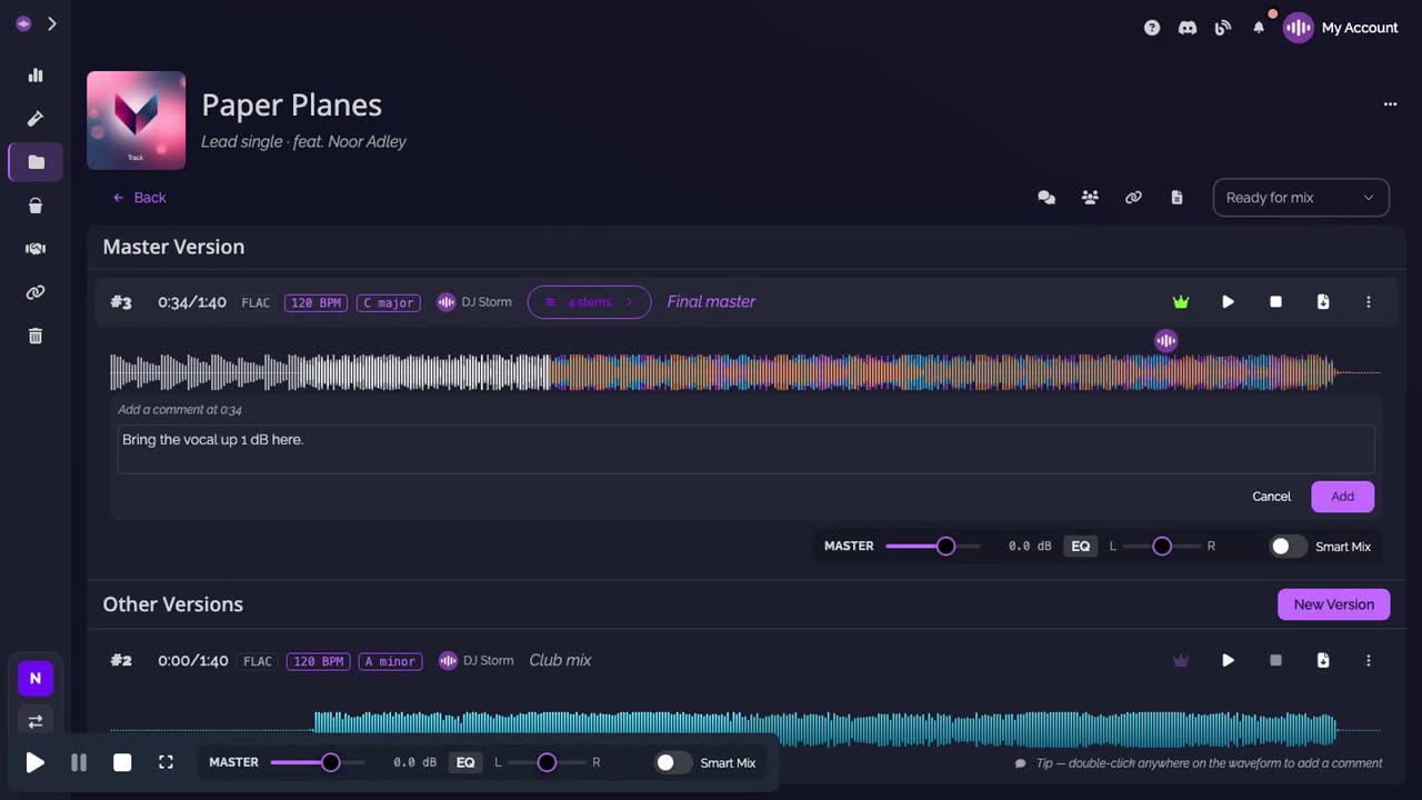 The comment box under the waveform: Add a comment at 0:34