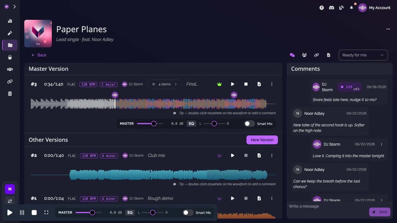 The Comments pane: the thread of the track, a pinned comment with its time