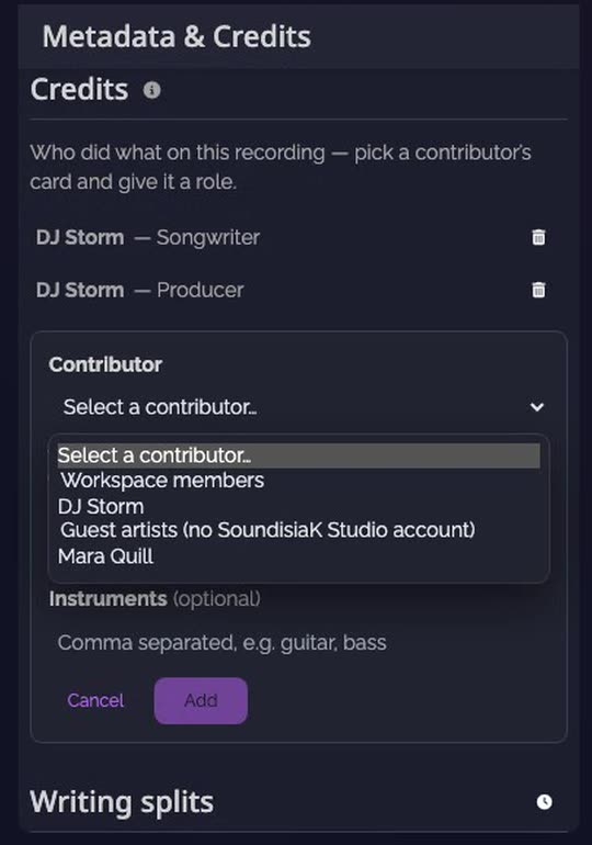 The contributor list, with the guest artist under Guest artists