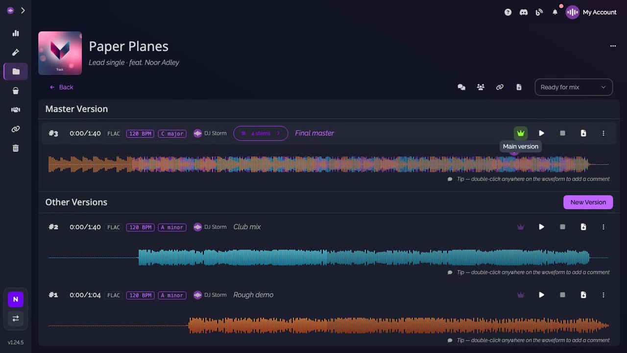 The track page: the main version under Master Version, its crown highlighted