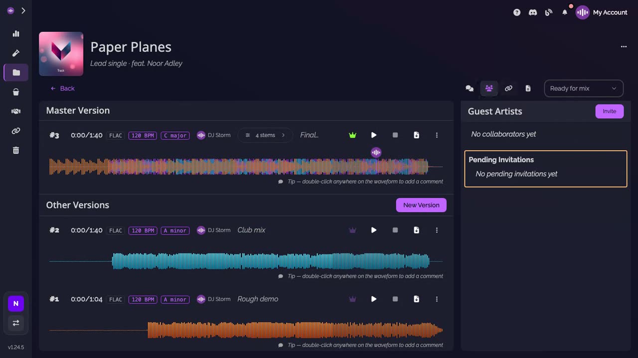 The track page with the Guests panel open