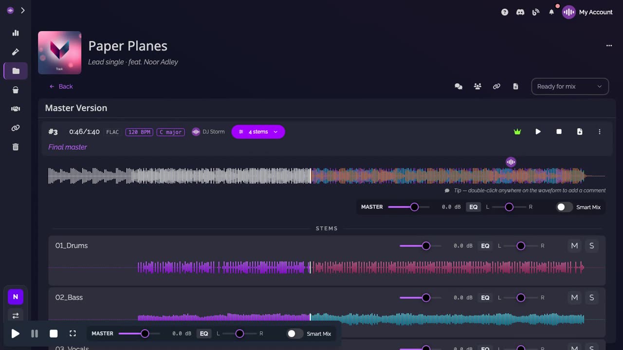 The version playing from the point clicked on its waveform