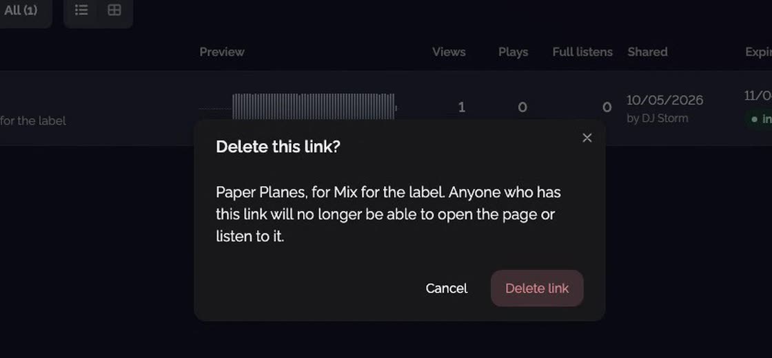 Delete this link? The confirmation, with Delete link