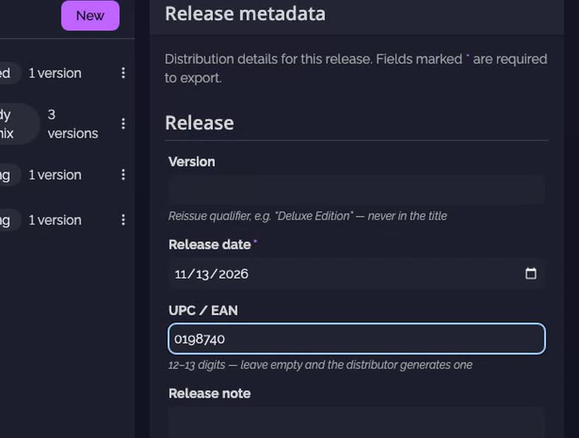 The project's Metadata pane: the Release section in edit mode