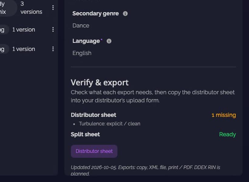 Verify & export: the distributor sheet check with one item missing
