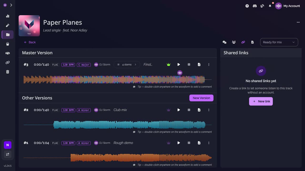 The Shared links panel of the track, with its New link button