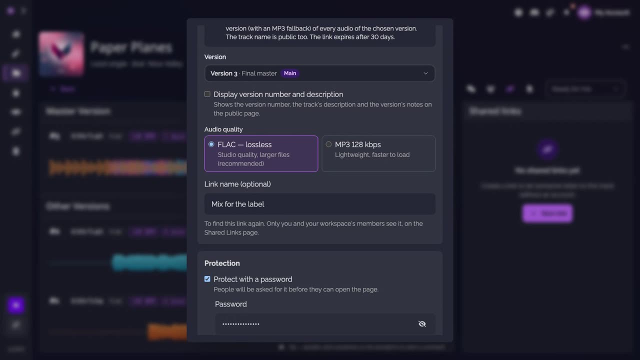 The share form: version, information line, link name, password