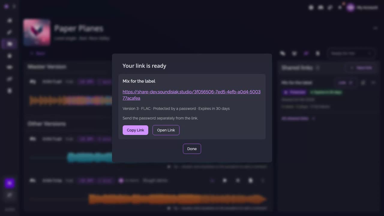 Your link is ready: the link, Copy link and Open link