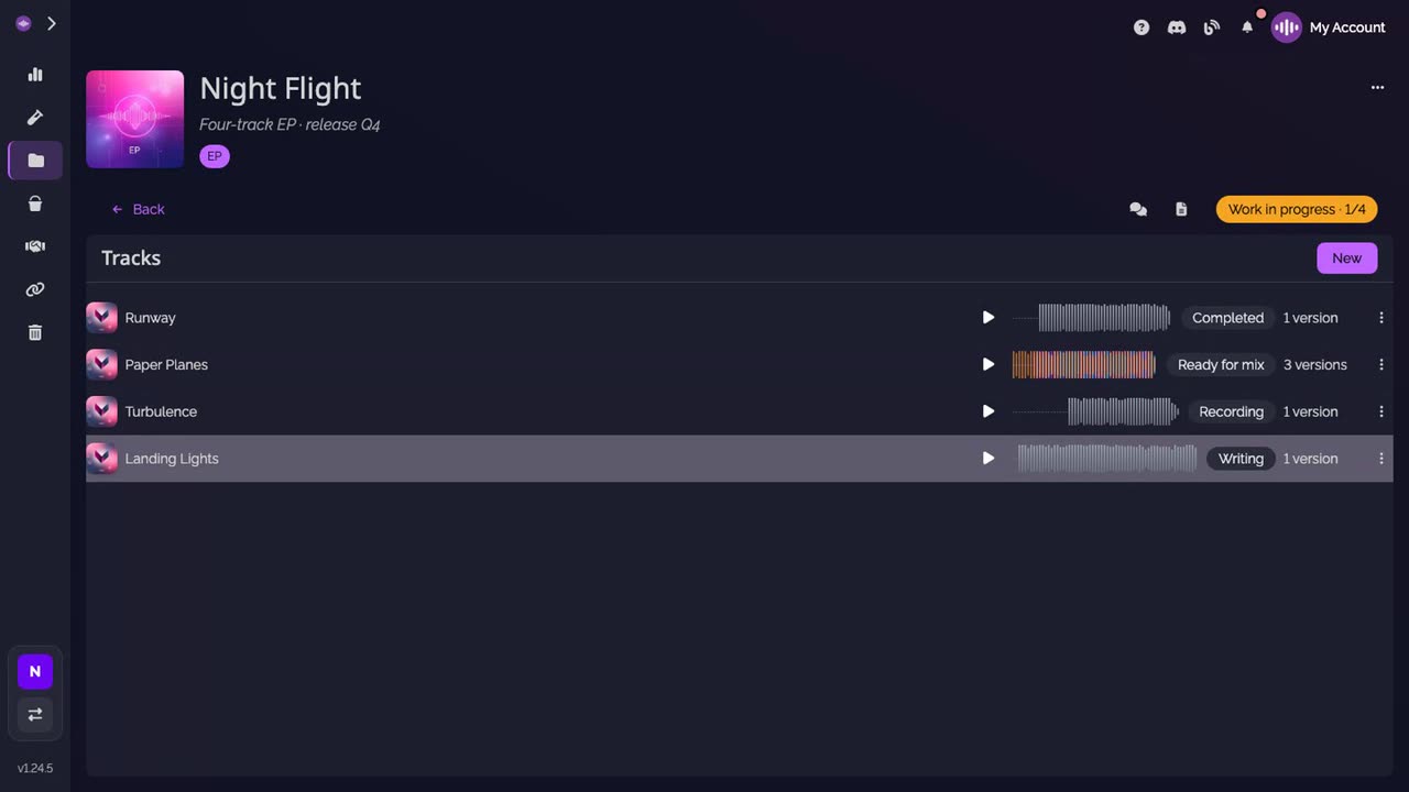 The project page: four tracks, each with its status
