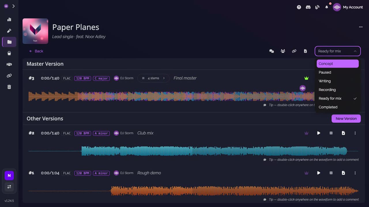 The status list of a track: Concept, Paused, Writing, Recording, Ready for mix, Completed