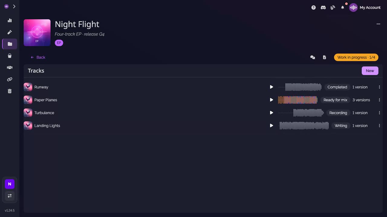 The project's page, its tracks and the New button